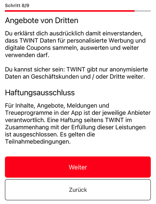 Erklärung zur Zustimmung dass anonymisierte TWINT Daten für personalisierte Werbung und digitale Coupons verwendet werden dürfen.