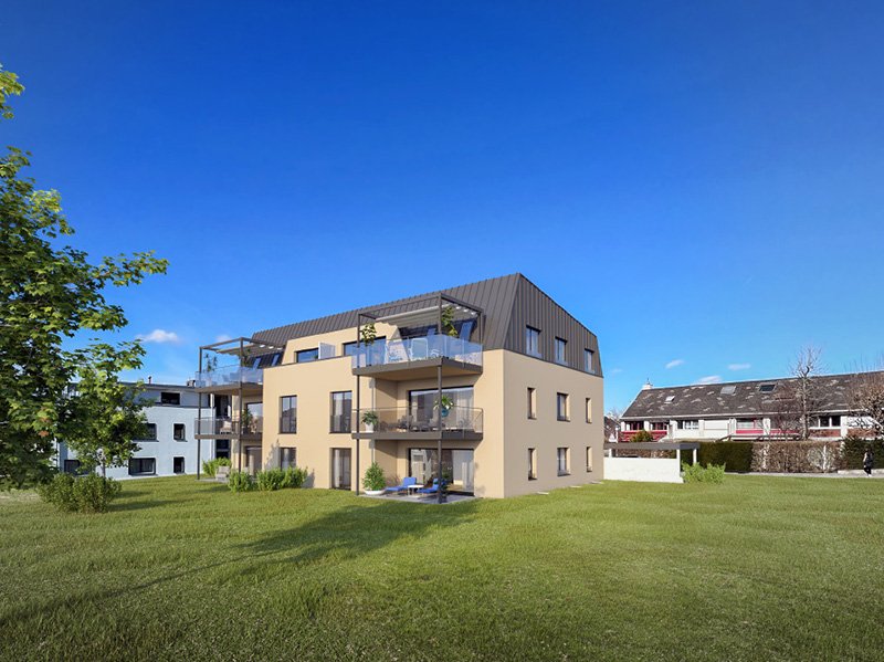 Mehrfamilienhaus mit Eigentumswohnungen, Balkonen und Garten am Flühbergweg in Ettingen.