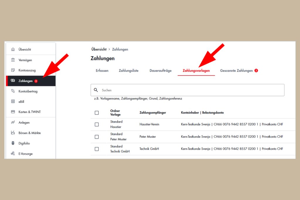 Screenshot des BLKB Online-Banking Menüs mit Zahlungsmöglichkeiten und Transaktionsübersicht