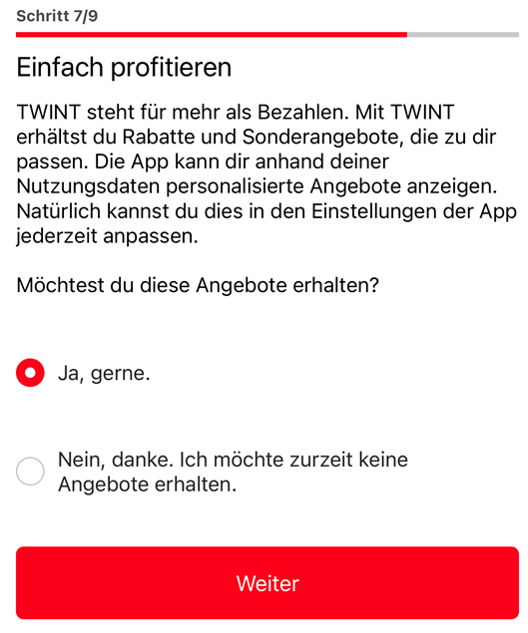 Auswahl mit zwei Optionen um Sonderangebote oder Rabatte zu erhalten mit Antwortmöglichkeiten Ja oder Nein.