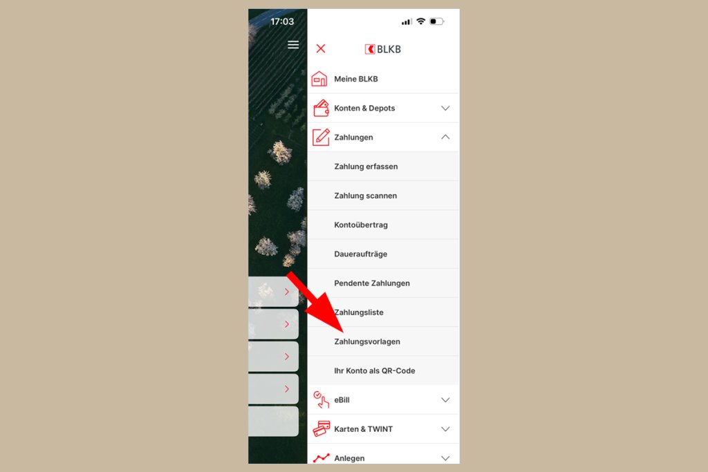 Bildschirmansicht der BLKB-App mit Optionen für Zahlungen und Kontoverwaltung.