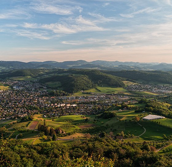 Landschaftsaufnahme der Region Basel-Landschaft mit Hügeln und Dörfern.