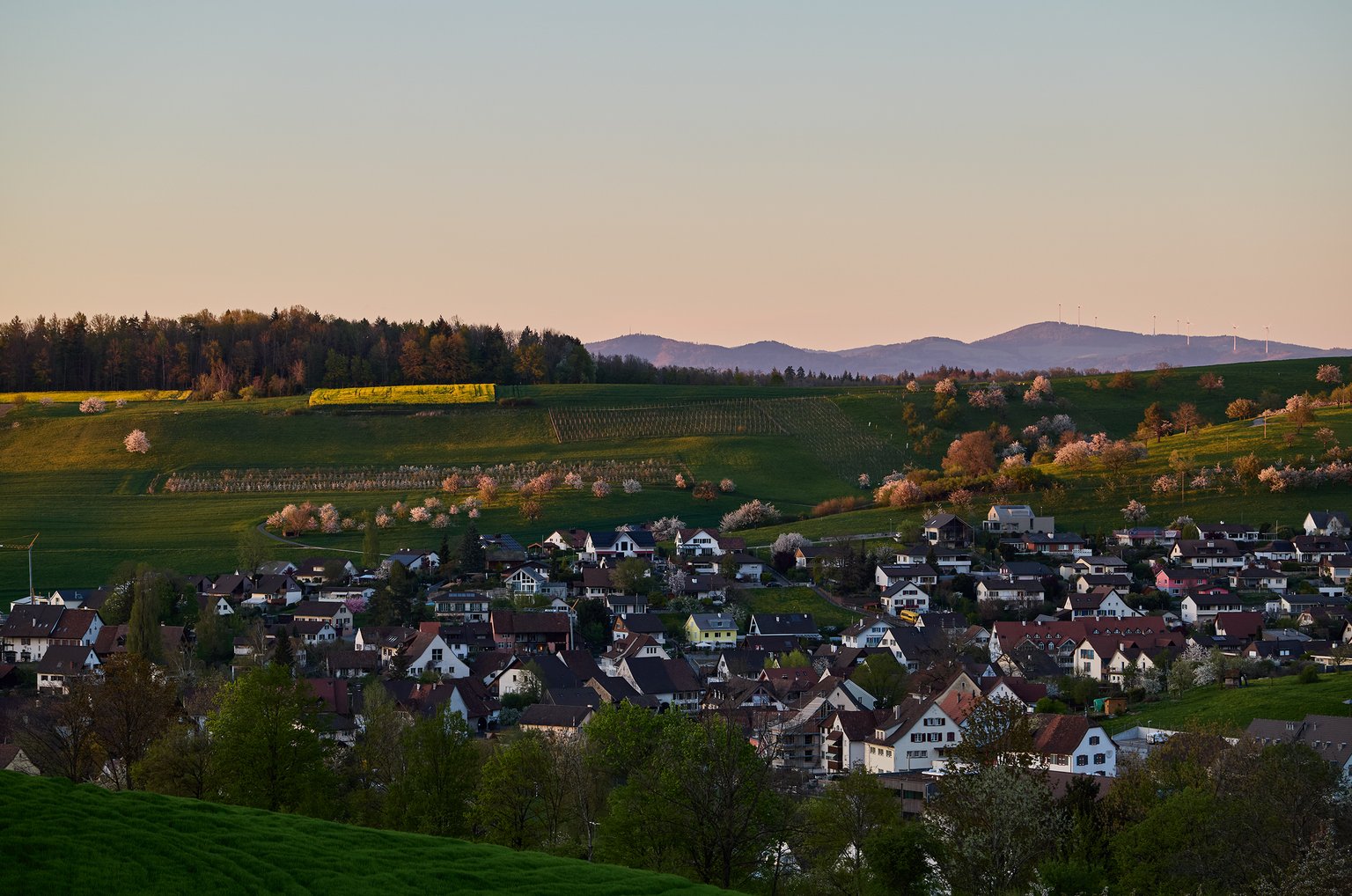 Landschaft mit Häusern und sanften Hügeln bei Sonnenuntergang in der Region Basel.