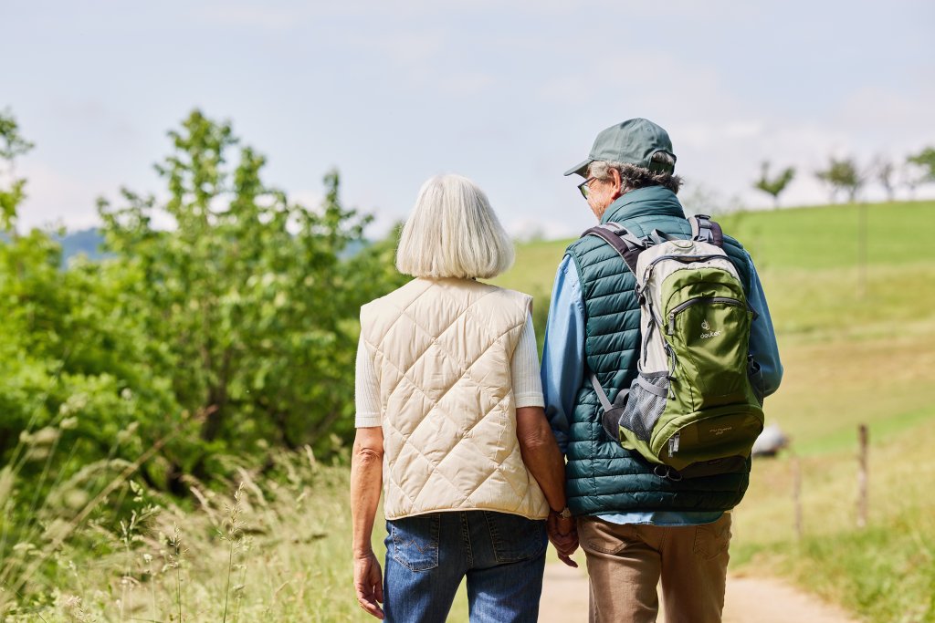 Altes Ehepaar geben sich die Hände und spazieren durch die Landschaft.