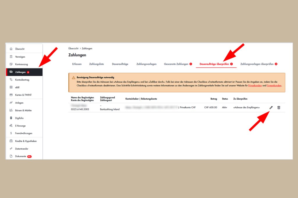 Bildschirm zeigt Zahlungsübersicht in der BLKB Online-Banking-App mit Menü auf der linken Seite.