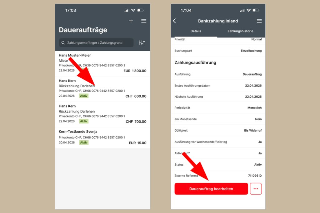 Screenshots der BLKB App mit Dauerauftragsübersicht und Bearbeiten-Button.