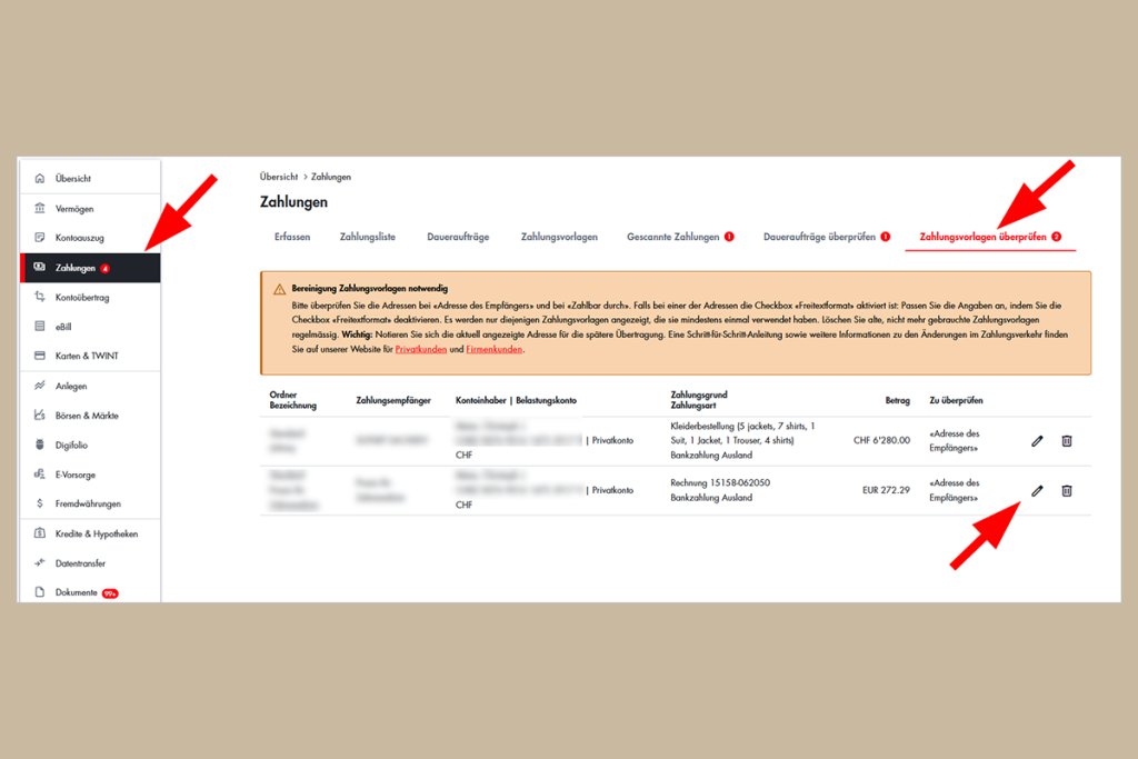 Bildschirmansicht der BLKB Zahlungsübersicht mit Pfeilen auf Navigation und Zahlungsdetails
