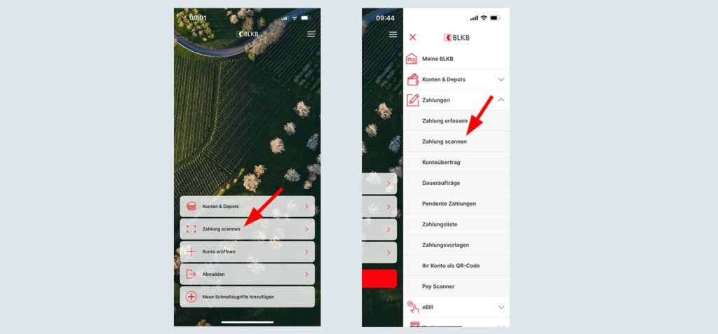 Screenshot der BLKB-App mit Menü für Zahlungen und QR-Code-Scanner.
