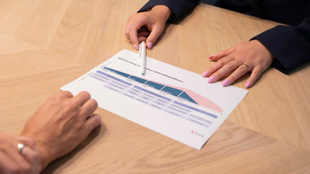 Zwei Personen diskutieren über einen Finanzbericht auf einem Tisch, ein Stift wird gehalten.