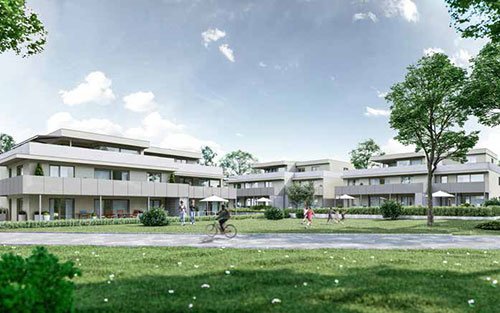 Mehrfamilienhäuser mit Eigentumswohnungen und Garten am Selmattweg in Wahlen.