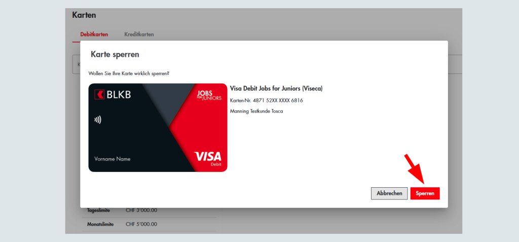 Screen zeigt das Sperren der BLKB Debitkarte im Online-Banking.