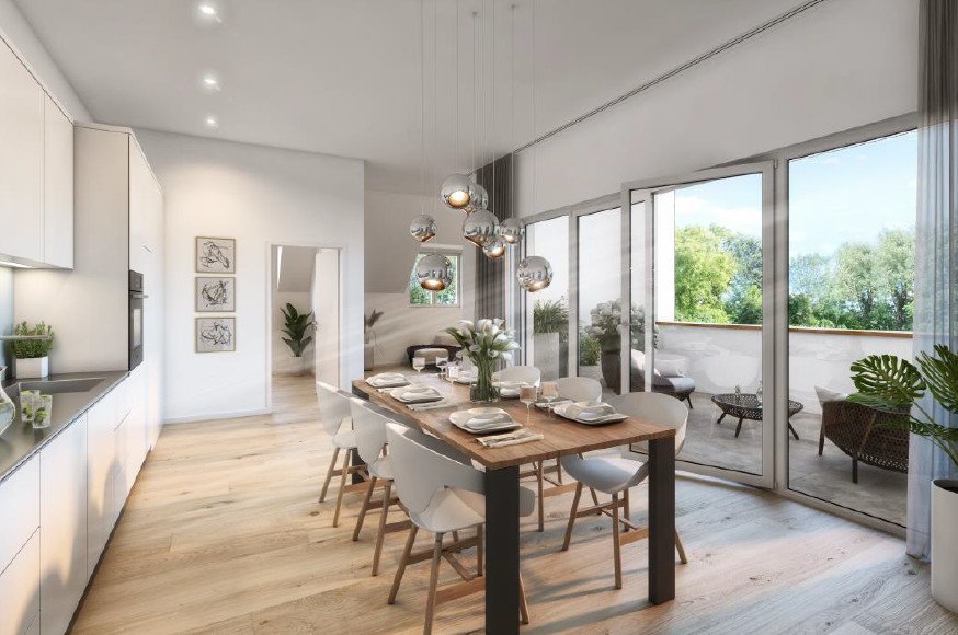 Küche mit Esstisch, Stühlen und Balkon im Ängerli in Möhlin.