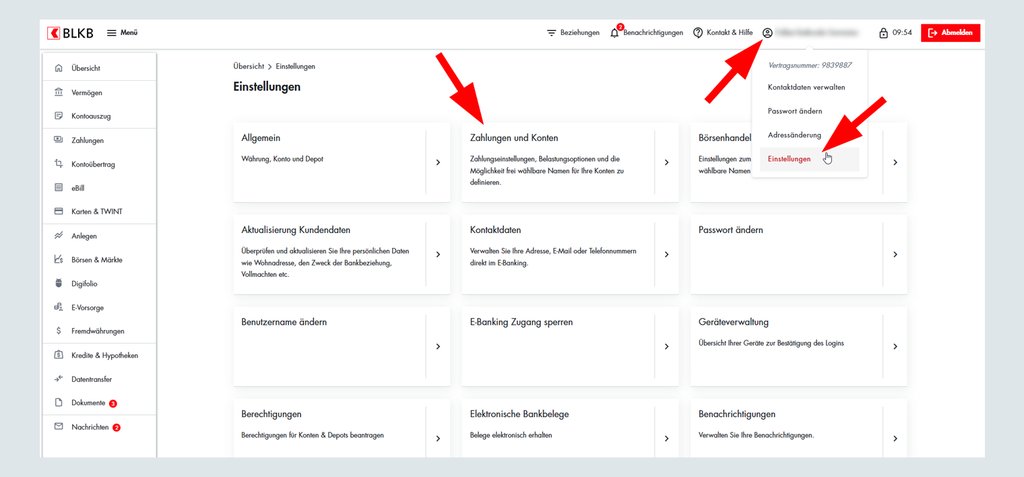 Bildschirmansicht der Onlinebanking-Einstellungen der Basellandschaftlichen Kantonalbank