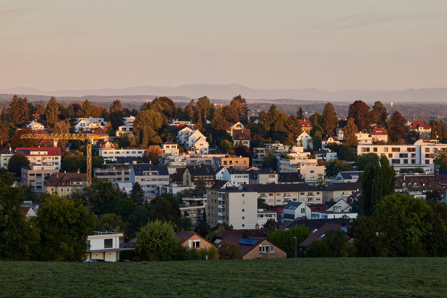 Stadtaussicht mit Häuser, Bäume und einem Kran