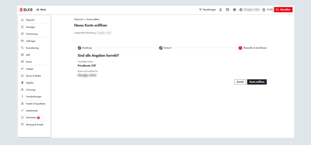 Digitale Banking-Oberfläche der Basellandschaftlichen Kantonalbank (BLKB) im Browser.