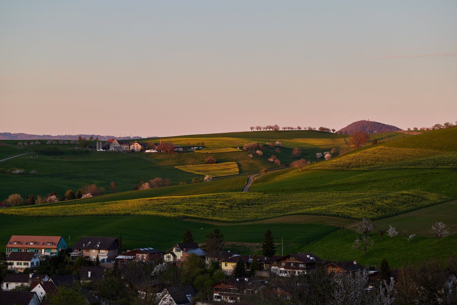 Die sanften Hügel und laubreichen Landschaften erstrahlen im goldenen Licht der Abenddämmerung.