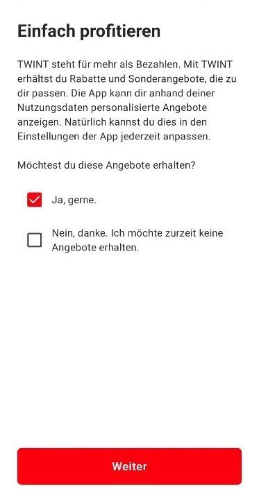 Screen mit Text zur Angebotsnutzung und Auswahlmöglichkeiten, roter Weiter-Button.