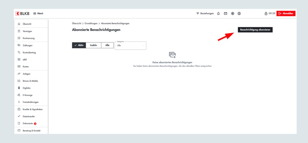 Screenshot der BLKB Online-Banking Seite mit Option zum Downloaden der Benachrichtigungen.