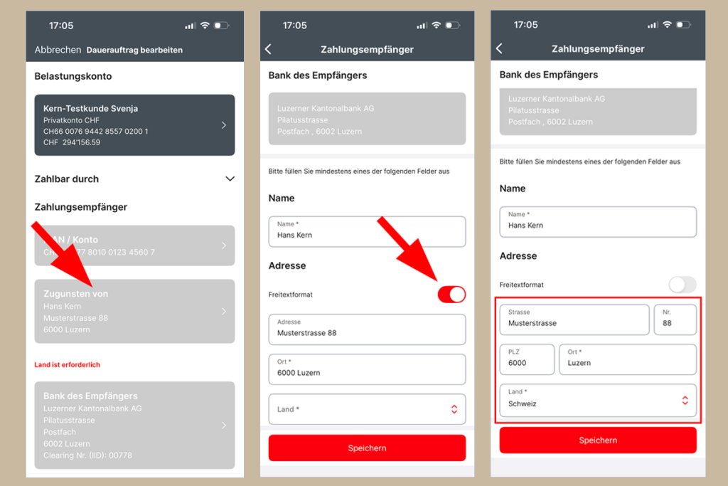 Drei Bildschirmaufnahmen der BLKB App, Eingaben von Kontodaten und Empfängerdaten.