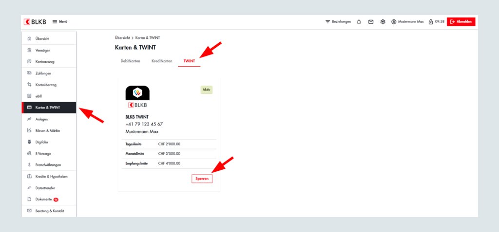 Screenshot der BLKB Online Banking Oberfläche mit Kontodetails und Navigation.