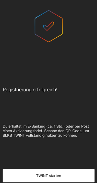 Erfolgsmeldung zur abgeschlossenen Registrierung auf einem Bildschirm.