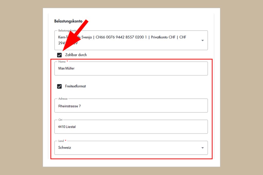 Bankkontoinformationen, Name, Adresse und Land in einem Formularfeld der BLKB.