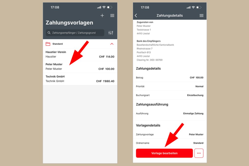 Zahlungsvorlage und Zahlungsdetails mit Bearbeitungsoption bei BLKB
