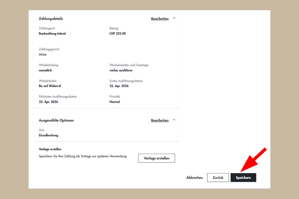 Bildschirm mit Zahlungsdaten, Buttons zum Speichern, Zurück und Abbrechen.