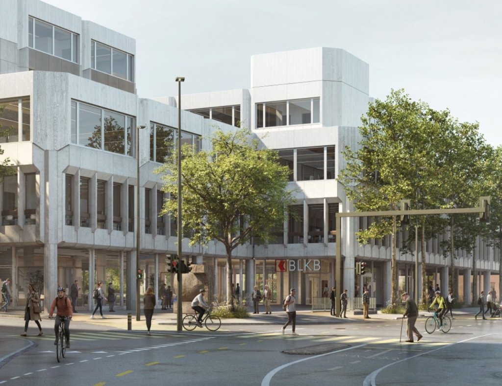 Moderne Gebäude um einen Platz mit Bäumen und Fussgängern in Liestal. aus dem Artikel