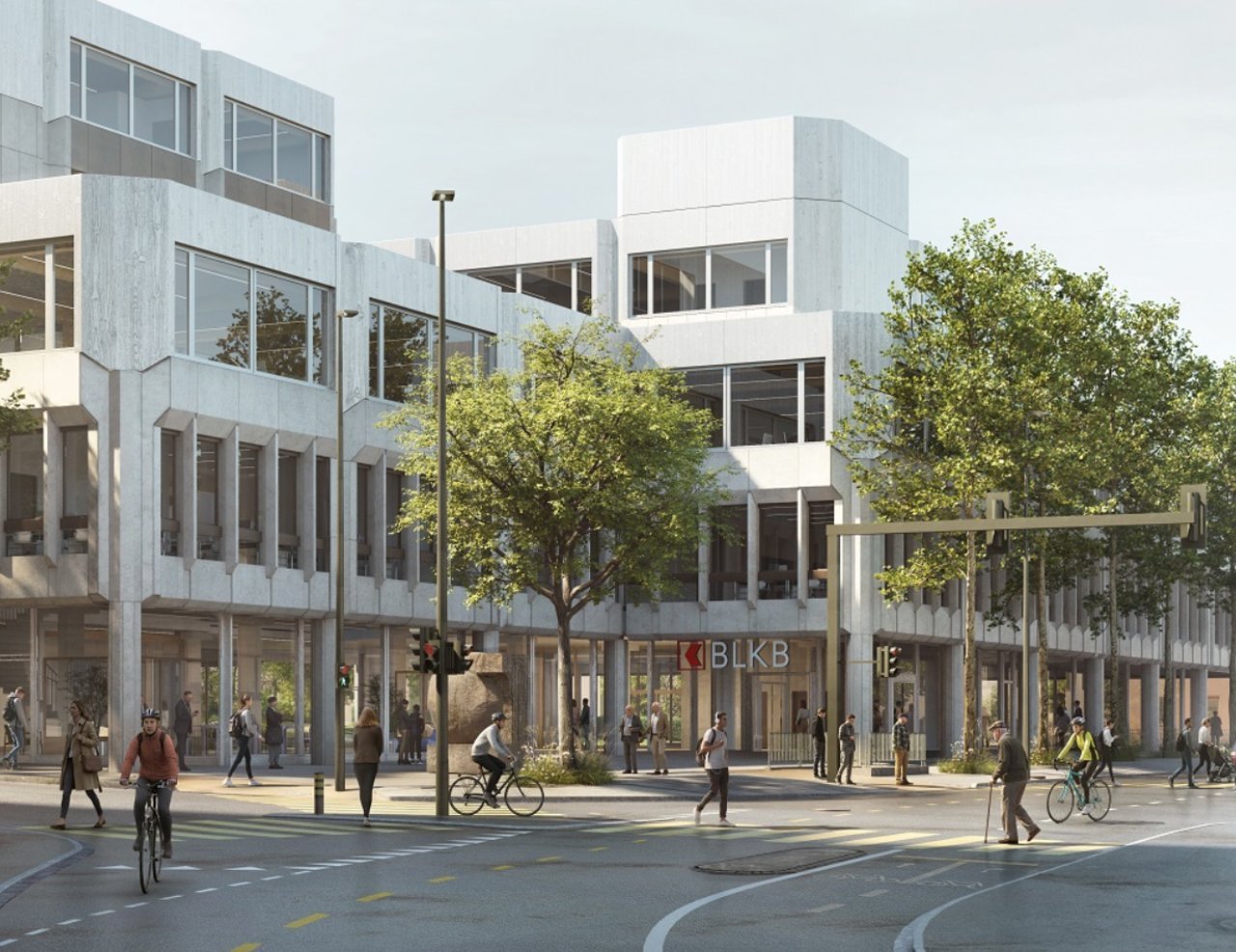 Moderne Gebäude um einen Platz mit Bäumen und Fussgängern in Liestal.