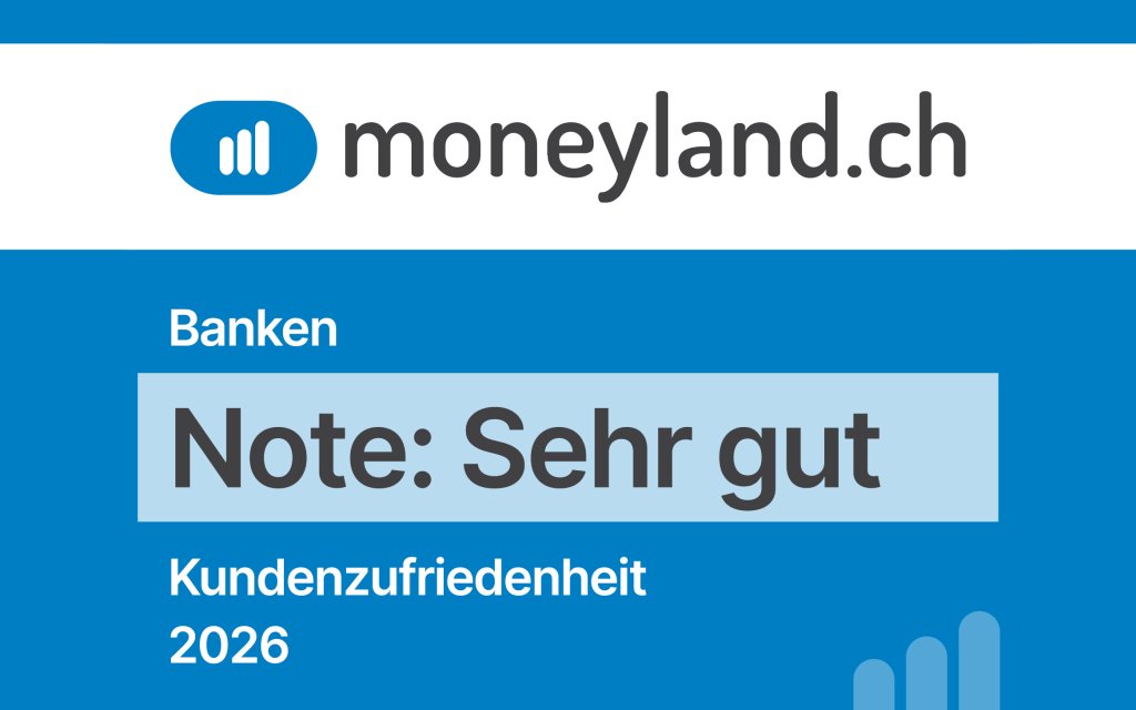 Logo der moneyland.ch Website, blauer Hintergrund, Bewertung Sehr gut 2026.