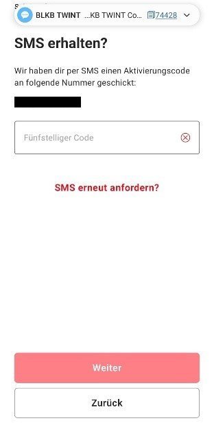 Screenshot einer SMS-Authentifizierungsseite der BLKB mit Eingabefeld für Code und Button zum erneut anfordern.