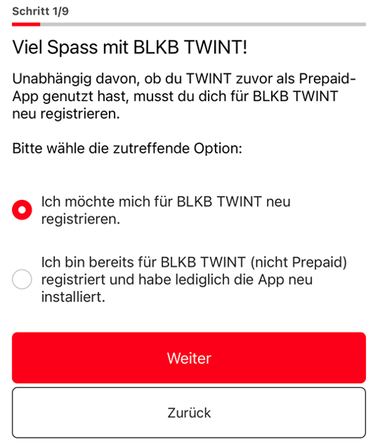 2 Optionen zur Auswahl der Registrierung von BLKB TWINT. Entweder für BLKB TWINT neu registrieren oder der Benutzer hat sich bereits registriert (nicht Prepaid) und hat die App neu installiert.