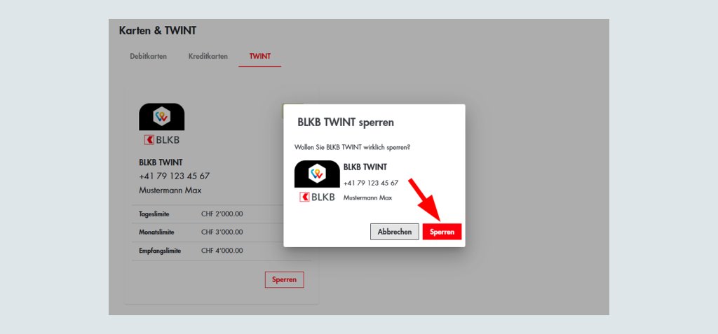 Screen zeigt Logout-Dialog der BLKB Twint App mit Abbruch- und Sperren-Button