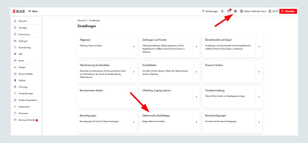 Screenshot des Online-Banking Portals der Basellandschaftlichen Kantonalbank BLKB in Deutsch.