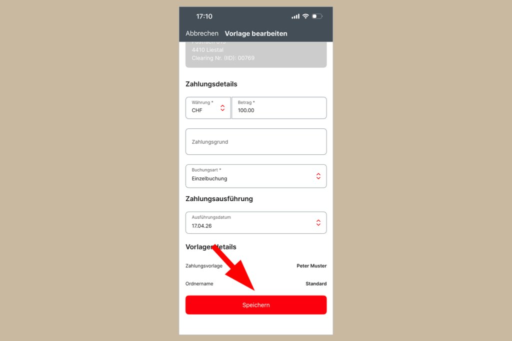Screenshot einer Zahlungsdetails Eingabemaske der BLKB App mit rotem Speichern-Button
