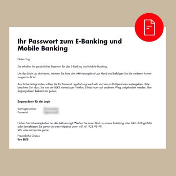 Brief zum Login App mit der Aufforderung, das Passwort des E-Bankings zu ändern und den Angaben, was im Passwort enthalten muss.