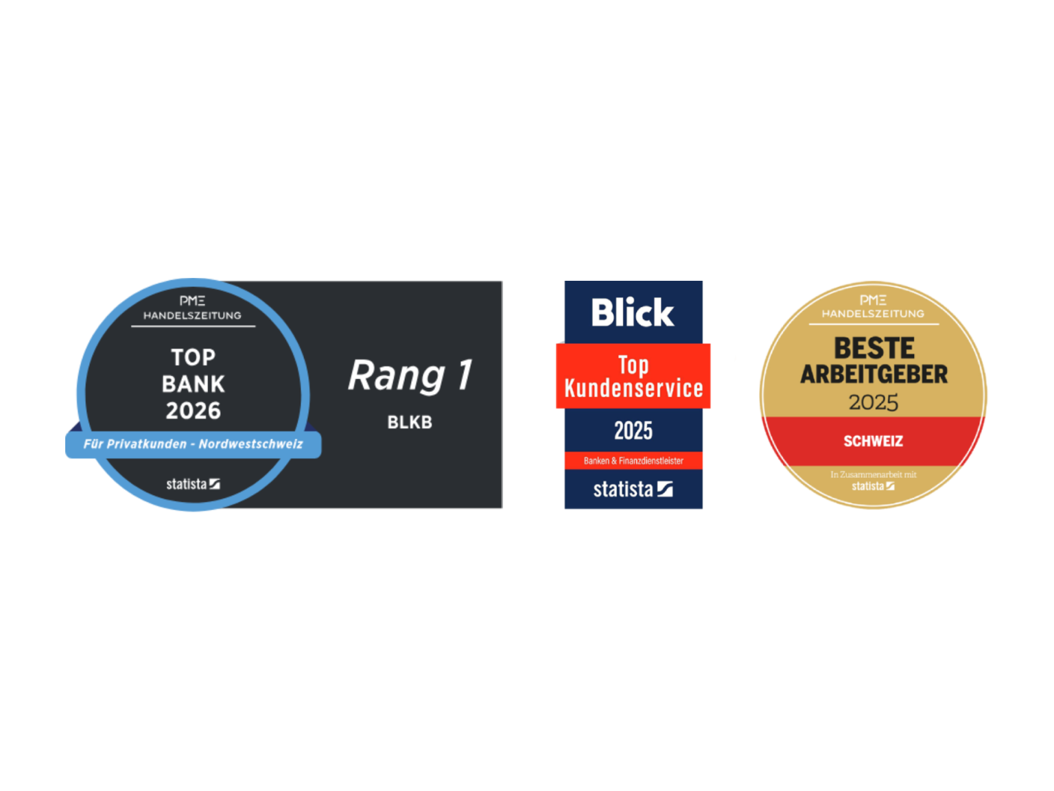 Drei Auszeichnungen: Rang 1 als Top Bank 2026, Top Kundenservice 2025 und Beste Arbeitgeber 2025 der BLKB.