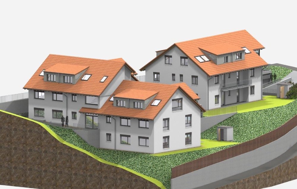 Hinterseite der drei Mehrfamilienhäuser mit Eigentumswohnungen an der Aeschstrasse in Duggingen.