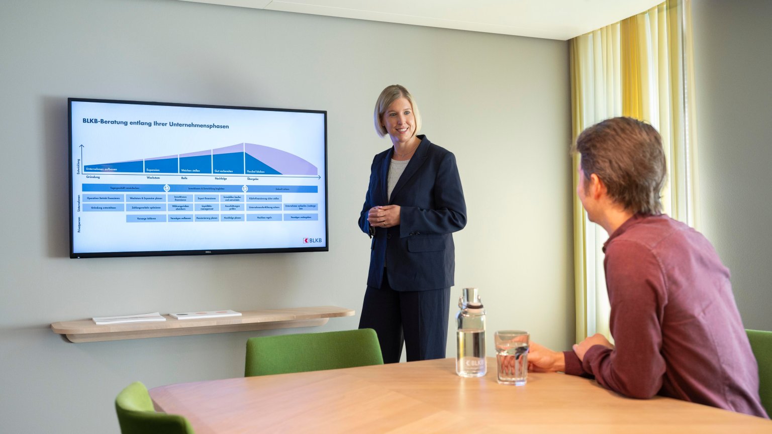 Frau in dunklem Anzug vor Wandmonitor erklärt Präsentation, Mann im Hemd hört zu.