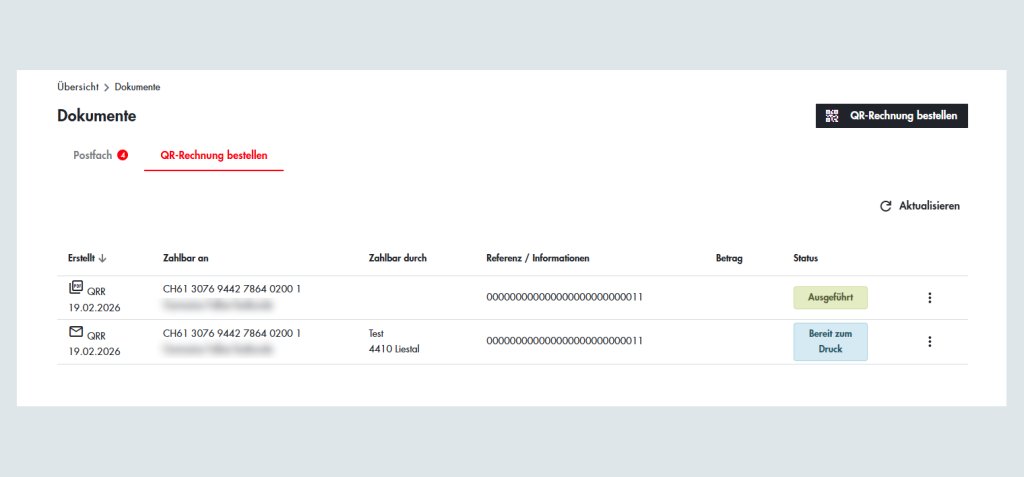 Screenshot einer Online-Übersicht der BLKB mit Dokumenten- und Zahlungsinformationen.