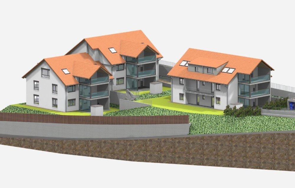 Vorderseite der drei Mehrfamilienhäuser mit Eigentumswohnungen an der Aeschstrasse in Duggingen.