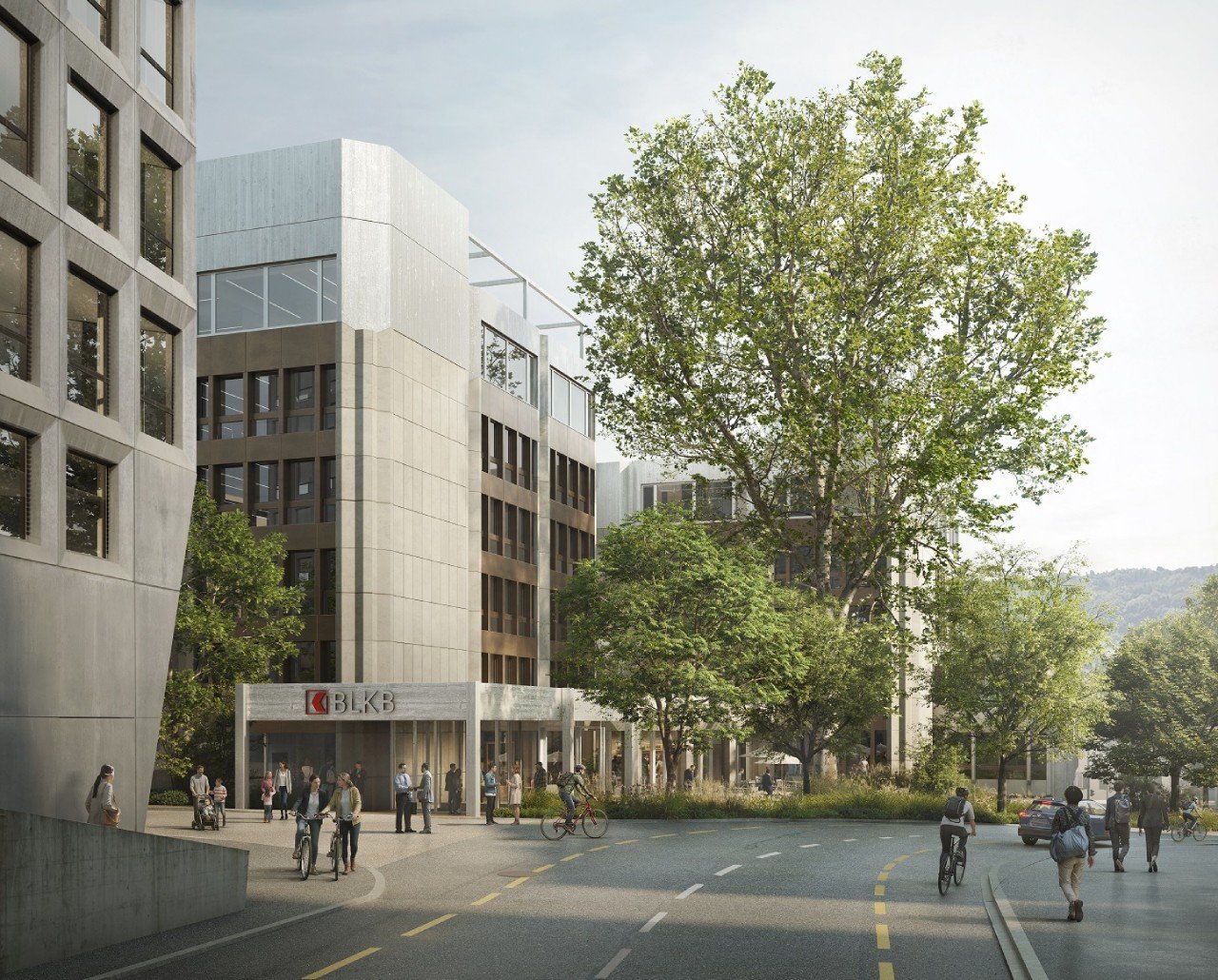 Moderne BLKB-Filiale mit Bäumen und Passanten in einer städtischen Umgebung.