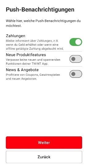 Bildschirm mit Kontowahl für TWINT, drei Optionsfelder, Weiter und Zurück Button.