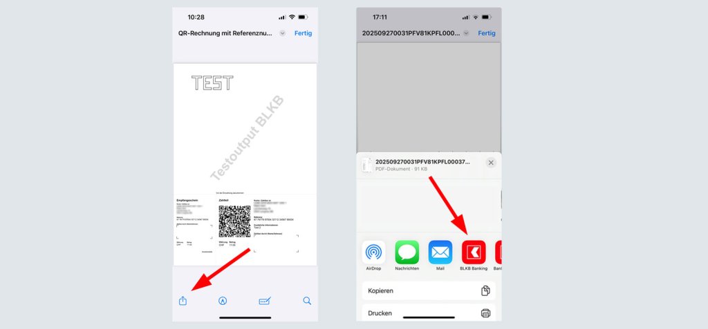 Zwei Smartphone-Bilder zeigen QR-Code-Scan und Teilen-Funktion der BLKB App.