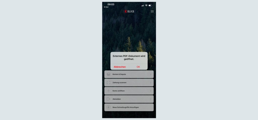 Mobile-App-Login-Bildschirm der Basellandschaftliche Kantonalbank BLKB in Blau und Grün.