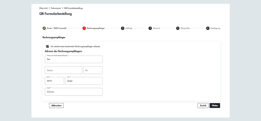 Bildschirm mit QR-Formular für Rechnungsstellung bei Basellandschaftliche Kantonalbank
