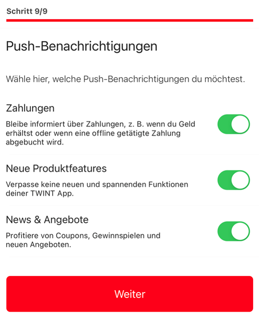 Einstellung für Push Benachrichtigungen zu Zahlungen neuen Produktfeatures sowie News und Angeboten.