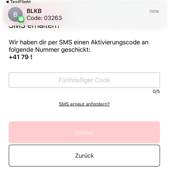Der Benutzer erhält per SMS einen fünfstelligen Aktivierungscode.