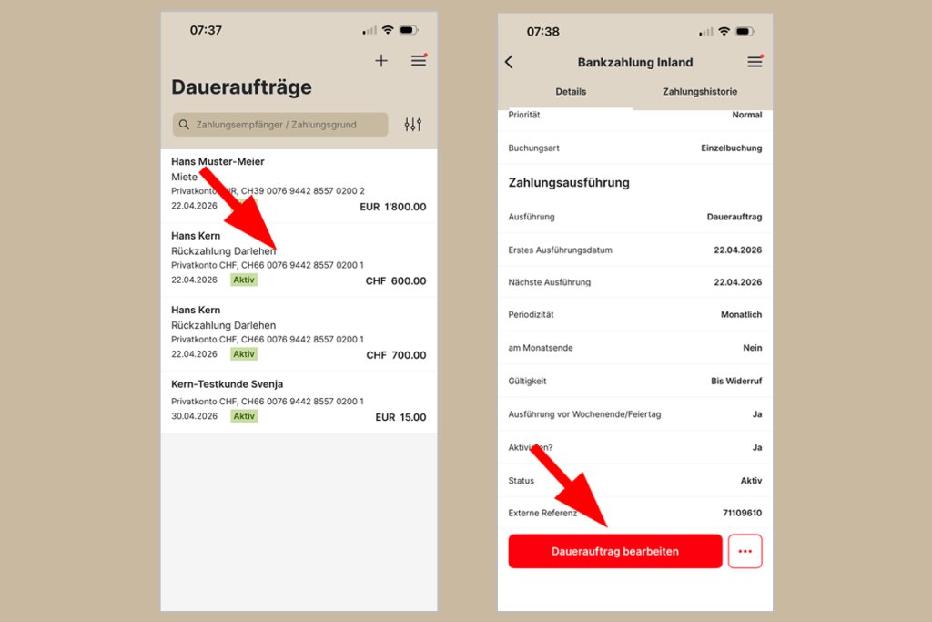 Bildschirm zeigt Daueraufträge und Zahlungsdetails bei der Basellandschaftlichen Kantonalbank.